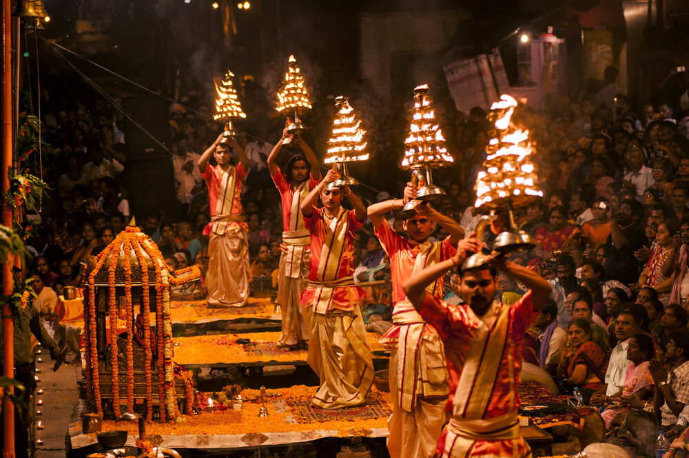 ganga aarti at dashashwamedh ghat on the banks of holy river ganga