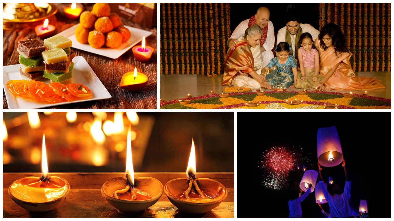 diwali celebrations by indian - sweets, crackers, puja, diyas