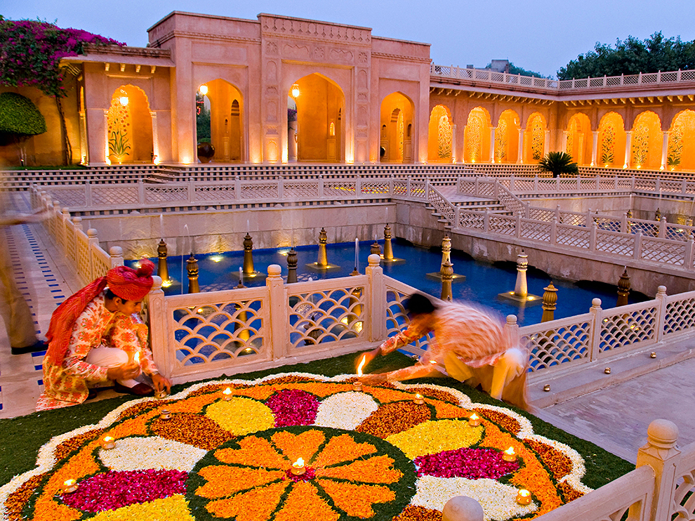 taj hotel in agra making rangoli and decorated with light during diwali