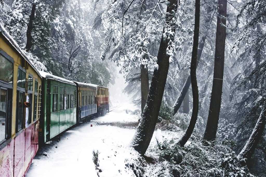 kalka shimla toy train in india running in snow